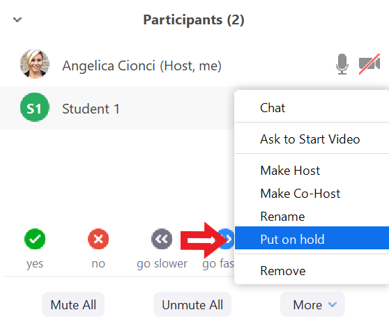 Manage Participants - More - Put on hold option