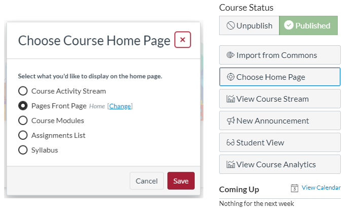 Canvas - Choose Course Home Page Dialog