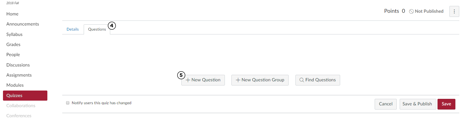 Classic Quizzes - Questions tab