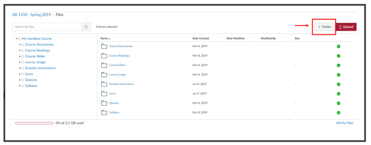 Canvas Files page - Add Folder button