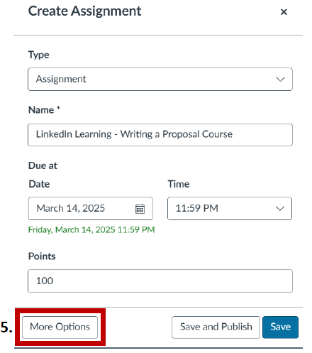 A screenshot of the 'Create Assignment' dialog with the 'More Options' button highlighted