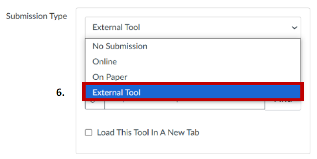 A screenshot of the 'Submission Type' dialog with the 'External Tool' option selected in the dropdown select field