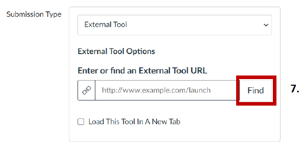 A screenshot of the 'Submission Type' dialog with 'External Tool' selected and the 'Find' button highlighted.