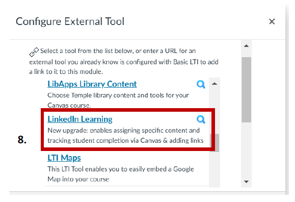 A screenshot of the 'Configure External Tool' dialog with the 'LinkedIn Learning' option highlighted