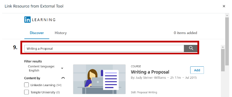 A screenshot of the 'Link Resource from External Tool' dialog with the 'Discover' search box highlighted.