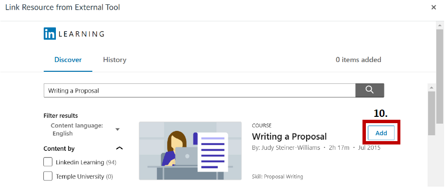 A screenshot of the 'Link Resource from External Tool' dialog with the LinkedIn Learning 'Add Course' button highlighted