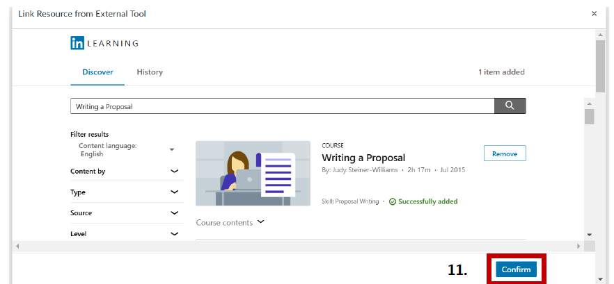 A screenshot of the 'Link Resource from External Tool' dialog with the 'Confirm' button highlighted