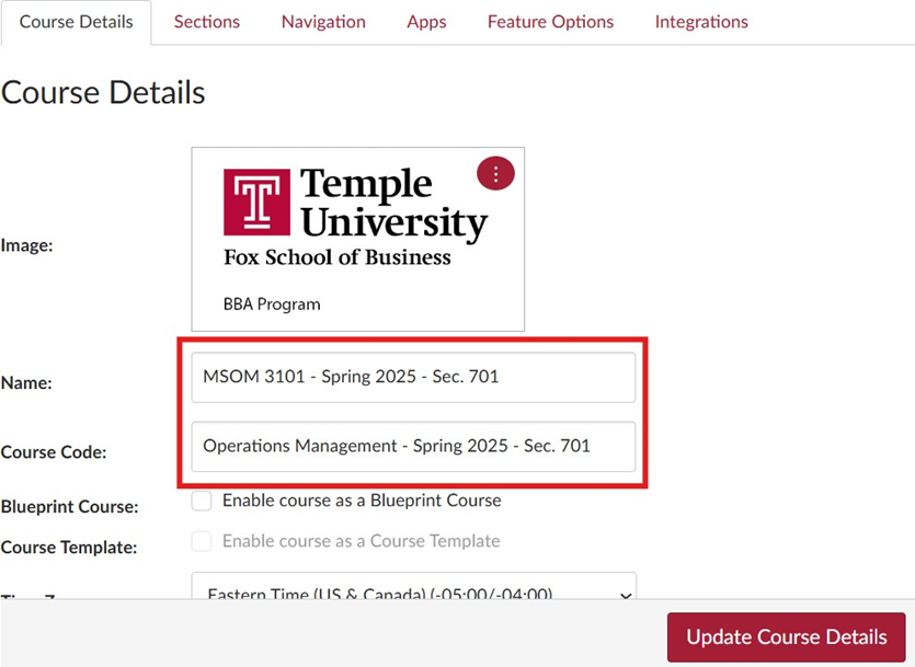 Course Details located in the Canvas Settings tab for Course name and Course Code boxes, highlighted in red