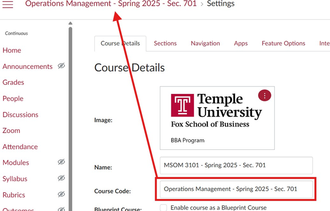 Box highlights where the Course Code text will appear on your canvas course