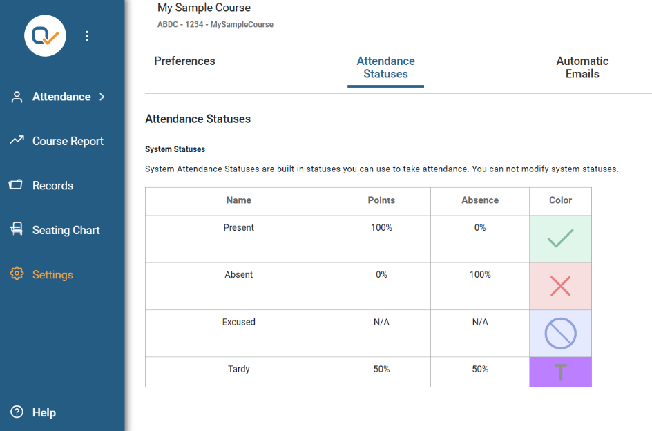 Screetshot of the Attendance Statuses in Qwickly. Students can be marked Present, Absent, Excused or Tardy