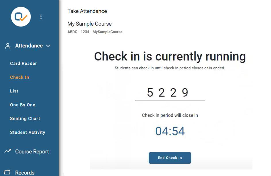 screentshot of a check-in timer running with the PIN. "Check in is currently running" is shown above the PIN