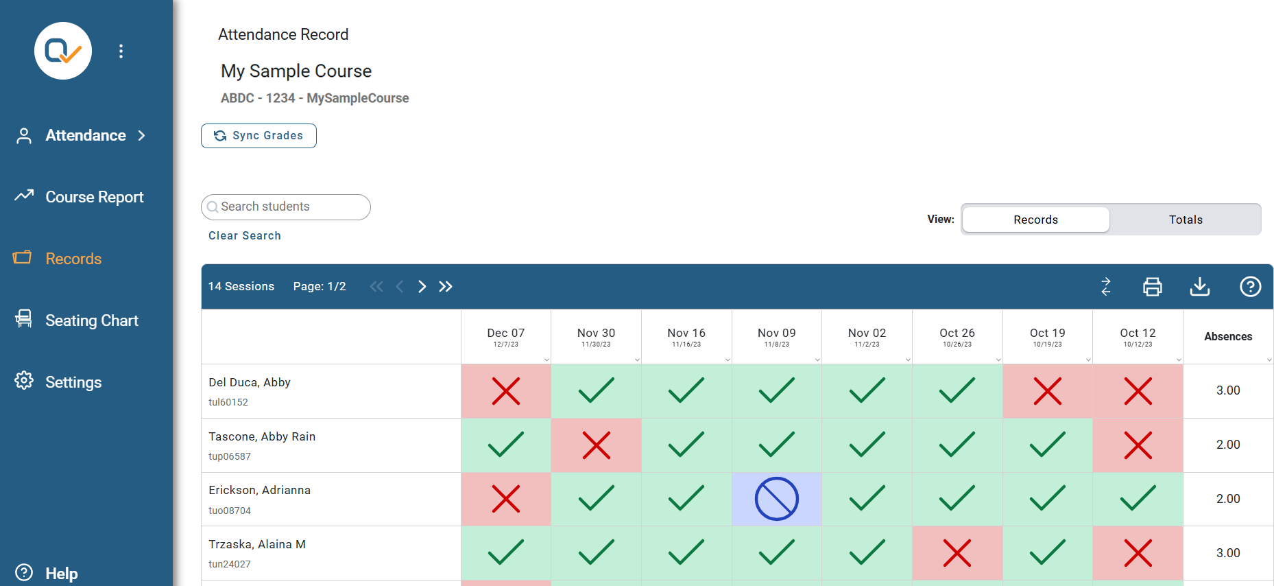 Screetshot of a sample attendance record page, under the "Records" tab in Qwuickly.