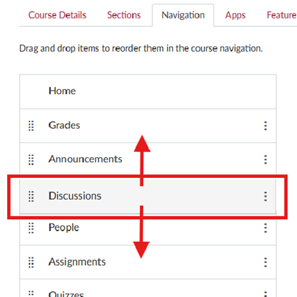 A screenshot of the Navigation reordering tab with red arrows showing how to move navigation items up and down