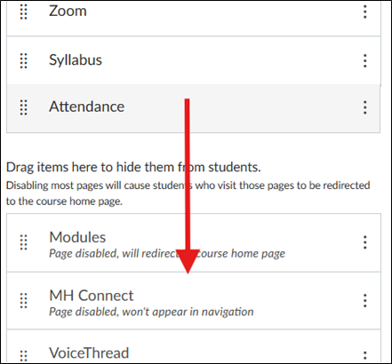A screenshot of the navigation tab with an arrow showing how items can be dragged into the hide items section