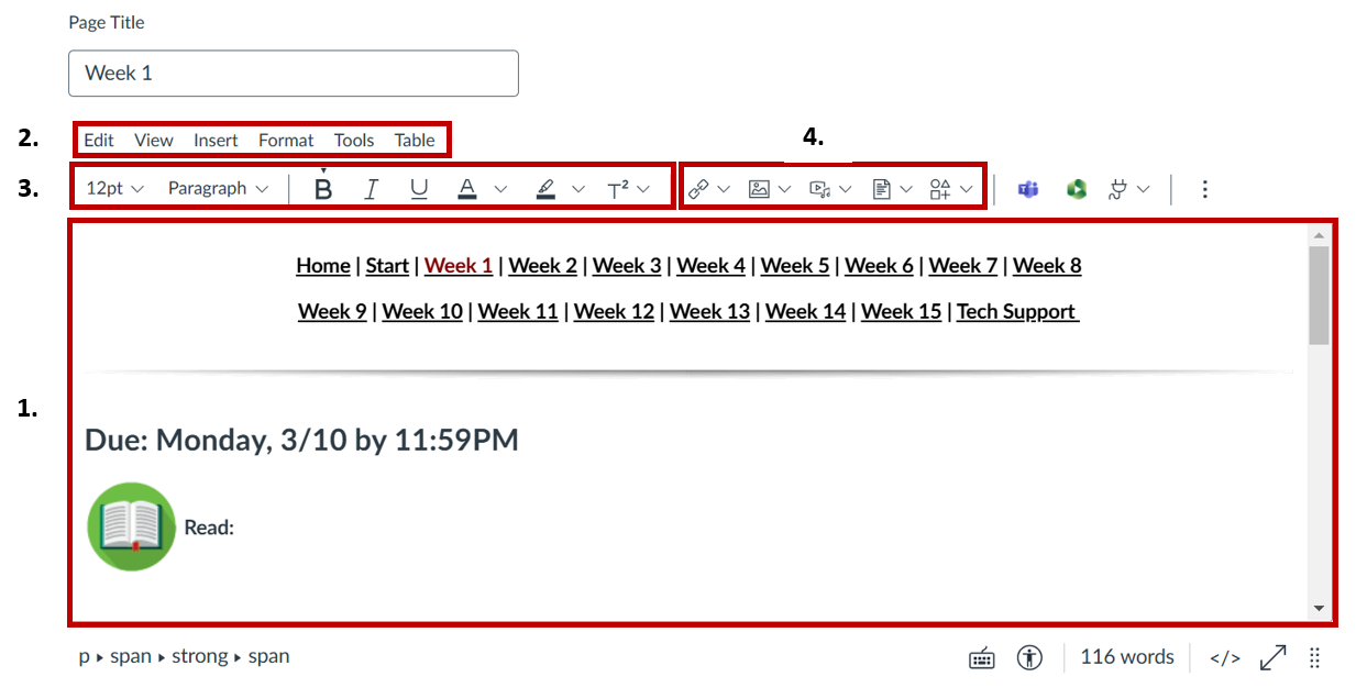 Screenshot of the Rich Content Editor page in Canvas, with an example Page of weekly content. Both editing bars are outlined