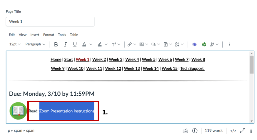 Screenshot of the rich content editor page, with the text highlighted in a red box