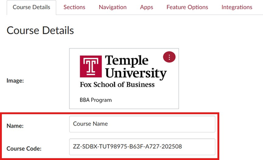 Course Details location in Canvas Settings for Course name and Course Code boxes, highlighted in red 