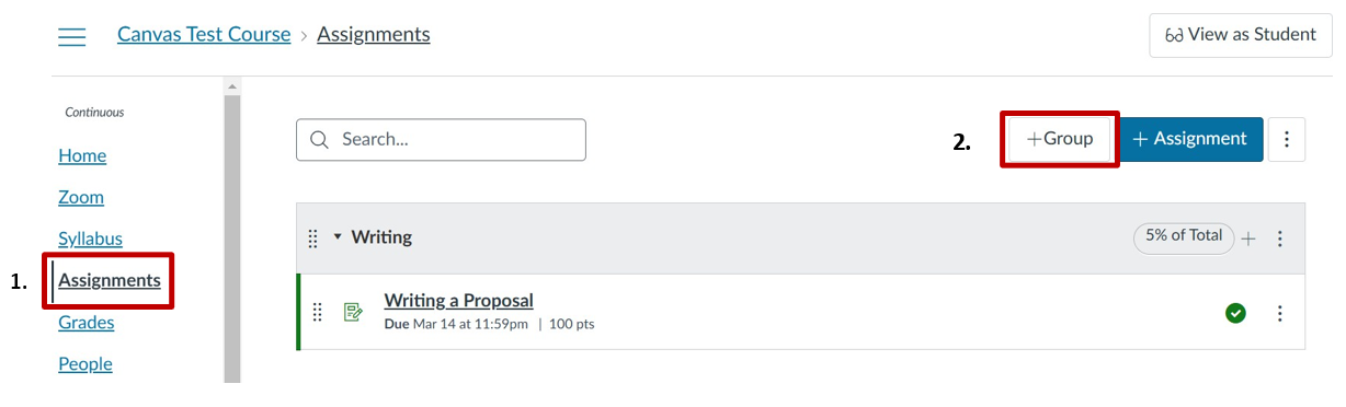 A screenshot of he Course Assignments tab with the 'Assignments' tab link and the '+Group' button highlighted