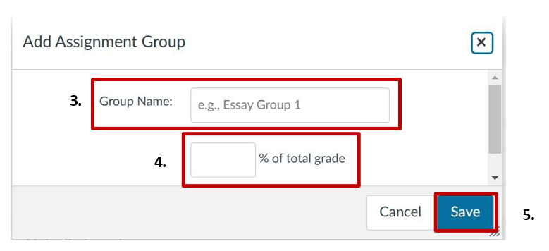 A screenshot of the Add Assignment Group dialog with the Group Name field, % of total grade field and Save button highlighted