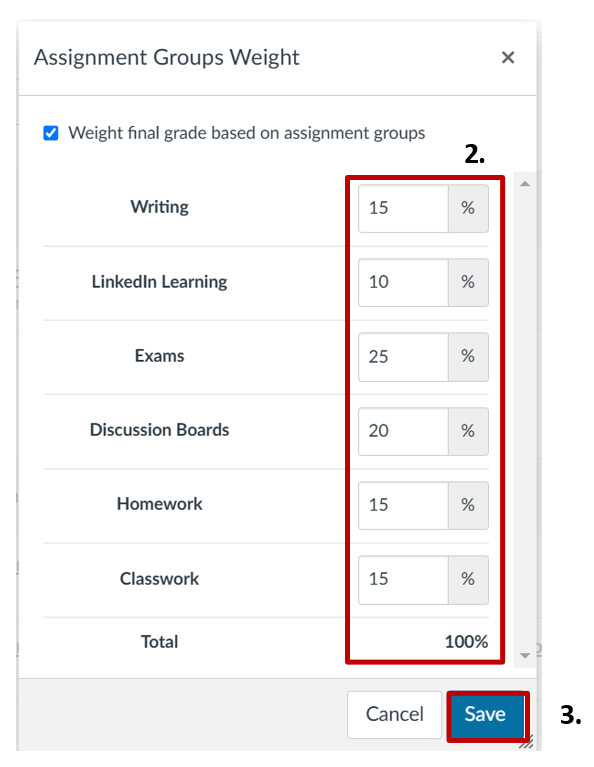 A screenshot of the Assignment Groups Weight dialog with the % fields and Save button highlighted