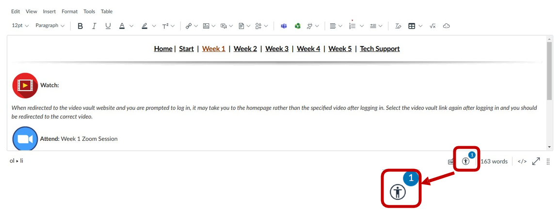 A screenshot of the Rich Content Editor with the Accessibility Checker button highlighted