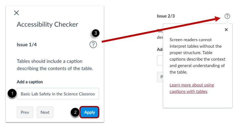 A screenshot of the Accessibility Checker dialog with the Add a caption field, Apply button and More Info icon highlighted. There is a red arrow that points to the dropdown that is shown when you select the More Info icon