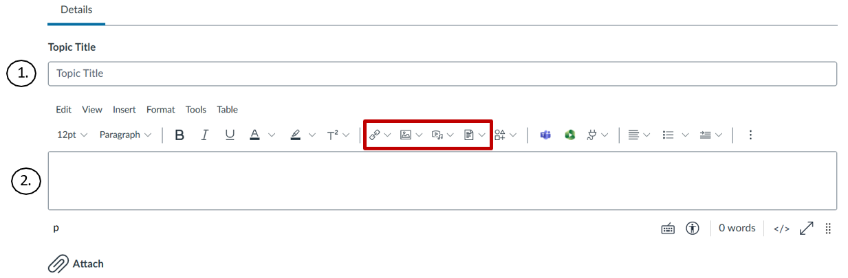 A screenshot of the Announcement details Topic Title and Rich Content Editor fields