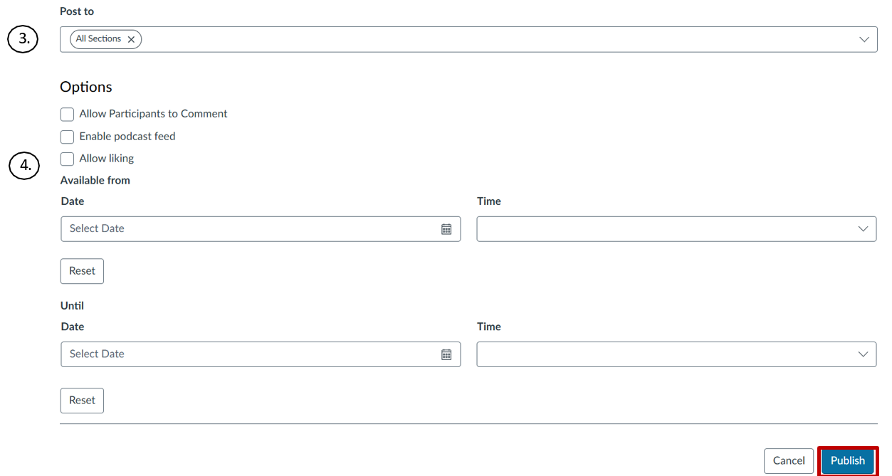 Screenshot of the Announcement page, with the Post To, Options and Availability Dates shown