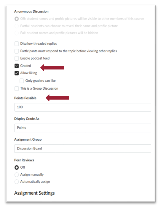 A screenshot of the Discussion Group options with the expanded options for graded discussions