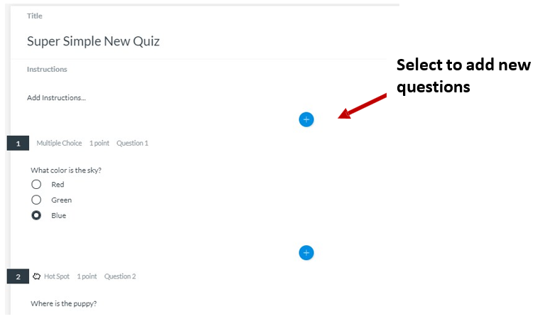 Screenshot of what a New Quiz looks like with two questions added