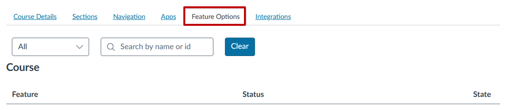 A screenshot of the Canvas course settings navigation with the Feature Options tab highlighted