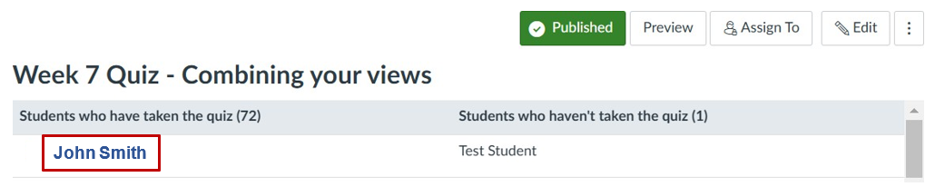 Example of where to click under Student Quiz Results, (Select the students name) to view their quiz log