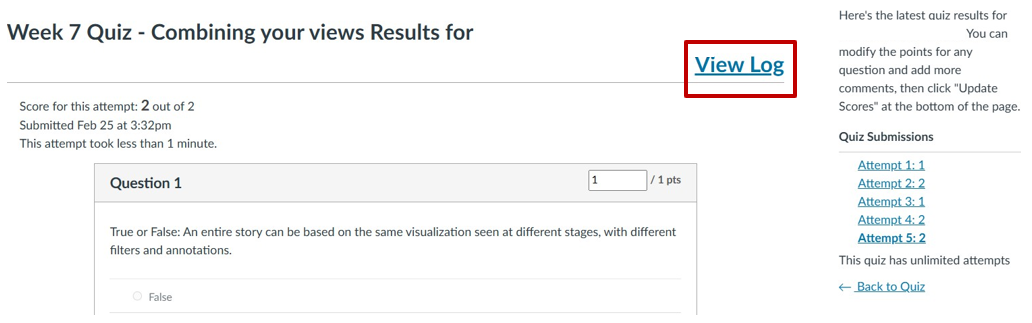 "View Log" button located in the top right corner of the Students Quiz Log page