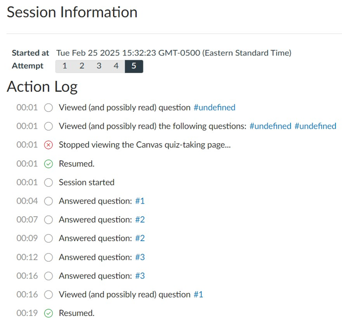 Example of what a students Action Log will look like after taking a quiz in canvas.