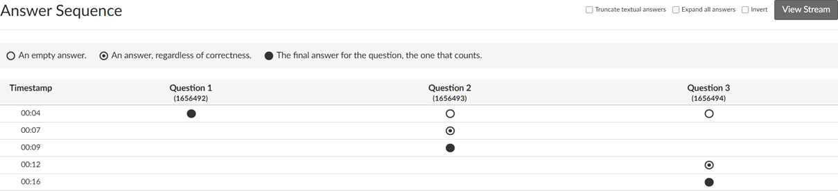 A screenshot of the 'Answer Sequence' table