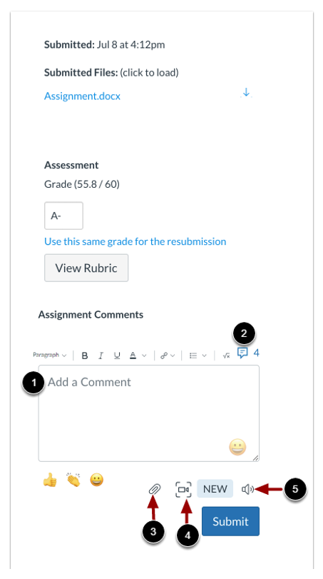 A screenshot of the SpeedGrader side panel with different parts of the comment section highlighted