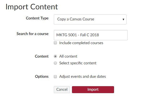 Import content dialog