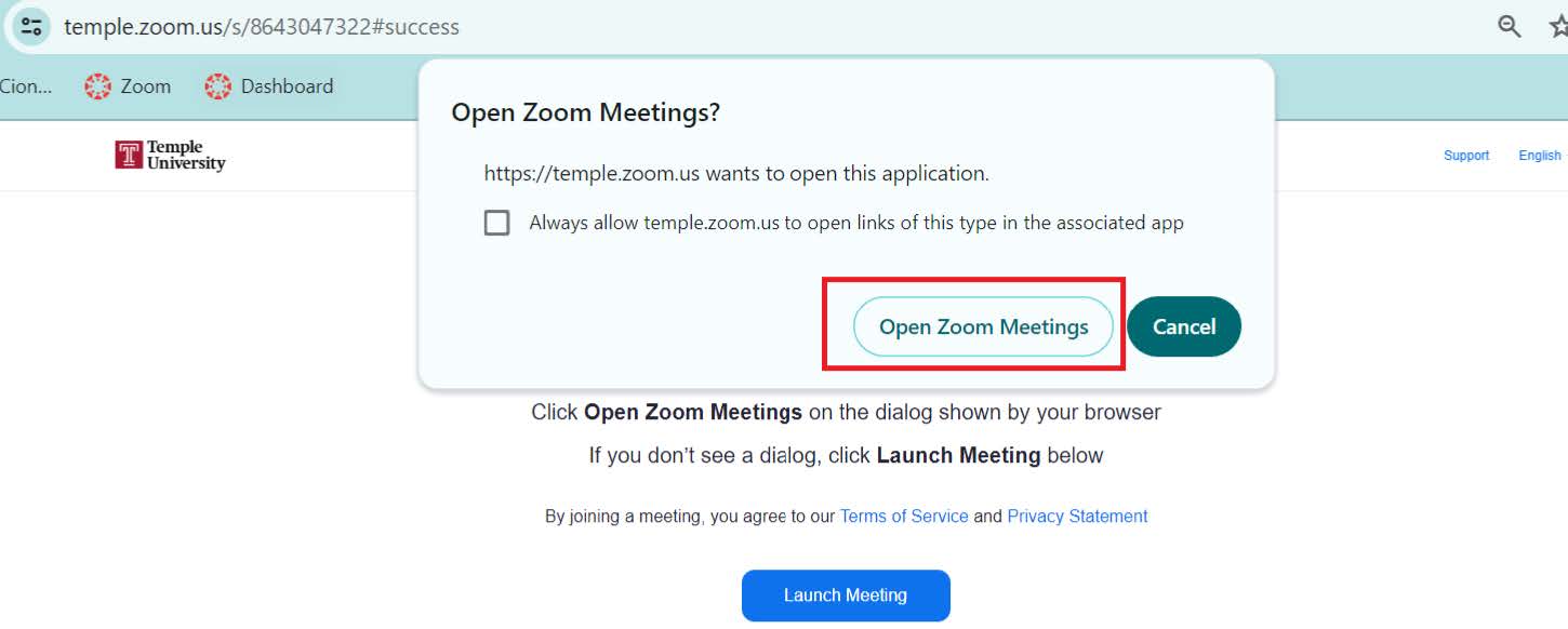 Zoom: Open Zoom Meetings browser dialog