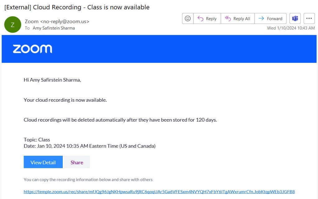 Zoom: Cloud recording email