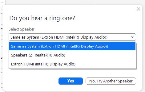 Zoom: Speaker test dialog - speaker selection dropdown