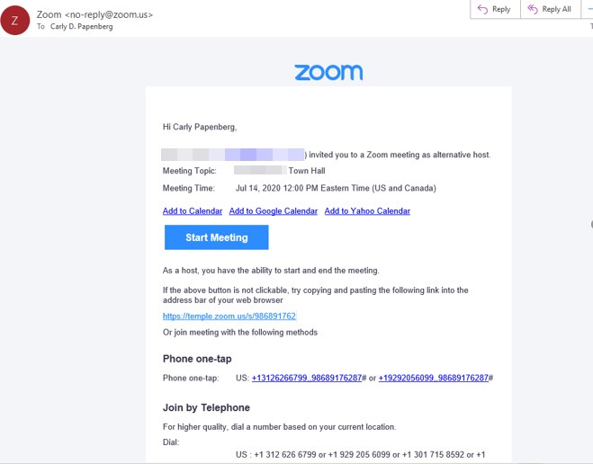 Zoom invite as Alternative Host email