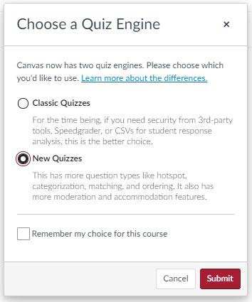 Choose a Quiz Engine dialog UI