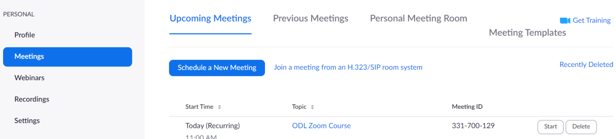 Upcoming Meetings tab