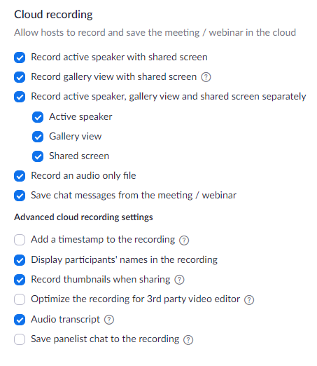 Cloud recording options dialog