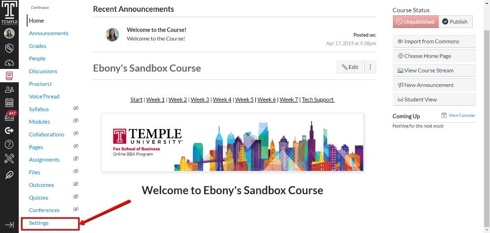 A screenshot of a course Home page with notation  pointing out the location of the Settings menu item