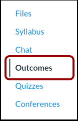 screenshot of the Canvas course navigation menu with the Outcomes link highlighted by a red box