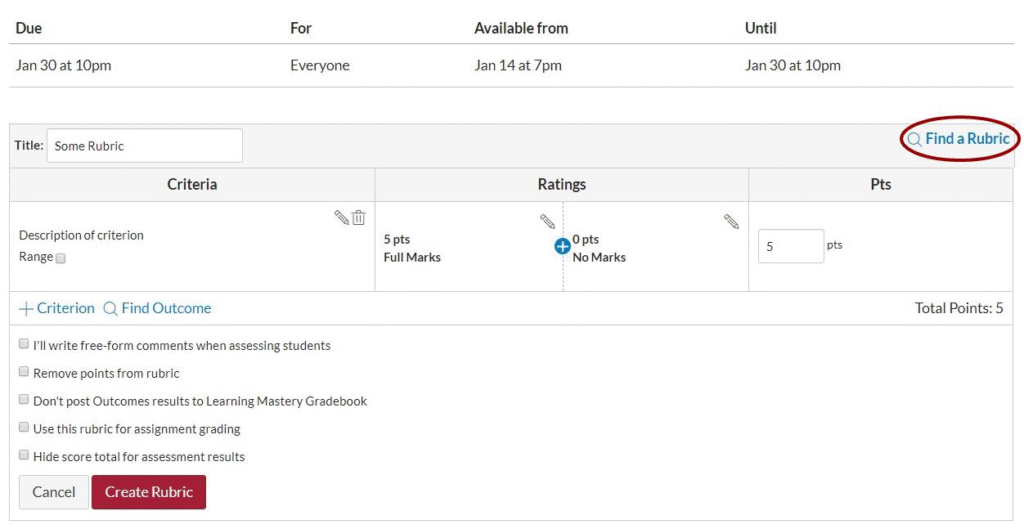 screenshot pointing out the 'Find a Rubric' option when adding a Rubric