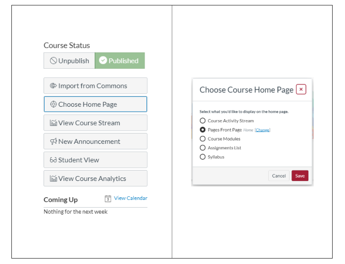 A screenshot of the Canvas Choose Home page dialog