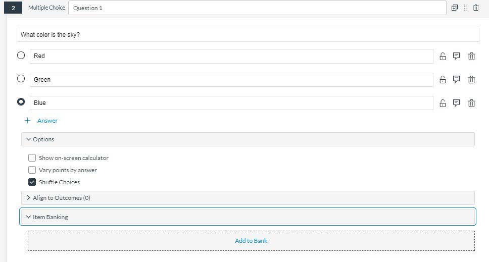 screenshot of the Question editor screen with the Item Banking section expanded to reveal the 'Add to Bank' option 