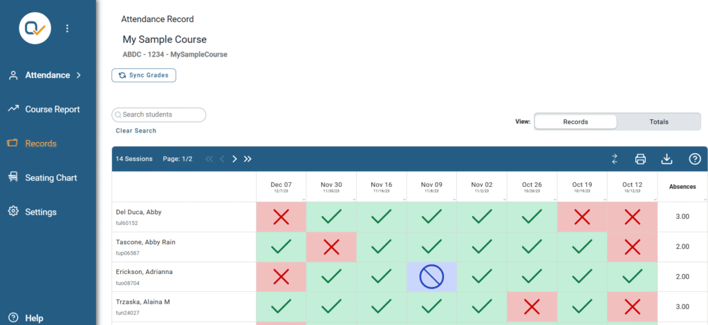 Screenshot of a sample attendance record page, under the "Records" tab in Qwickly.